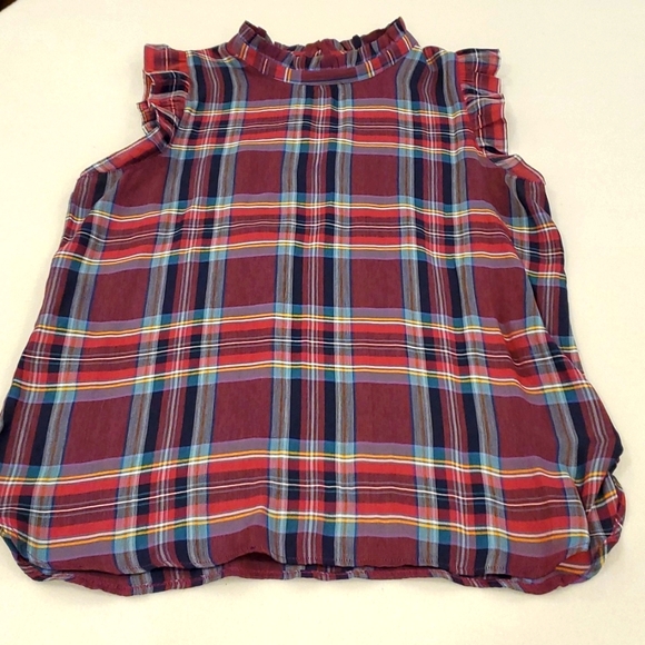 Loft Burgundy Plaid Flutter Sleeve Top - Picture 1 of 6